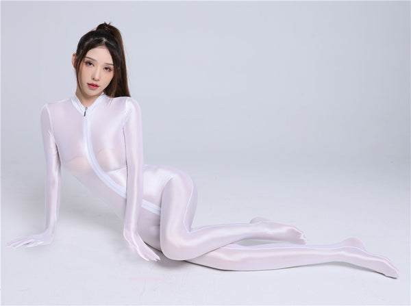 Front view of lady wearing a white color glossy wet look full-body catsuit with front-to-crotch zipper closure, long sleeves, closed hand, and closed feet.
