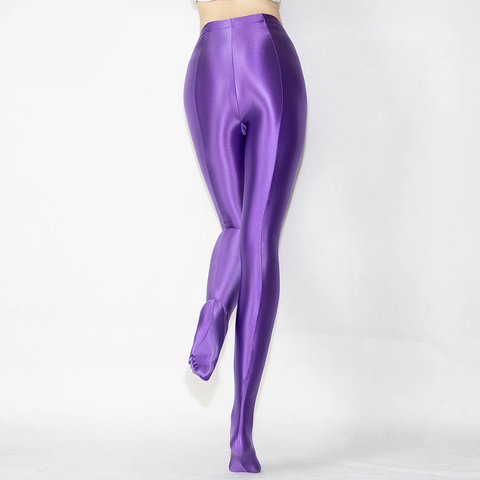 back view of lady wearing violet shiny wet look opaque pantyhose
