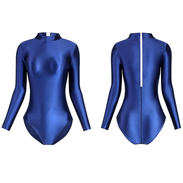 front and back view of blue leotard featuring long sleeves, back zipper closure, enticing shiny wet look fabric and a cheeky cut back.