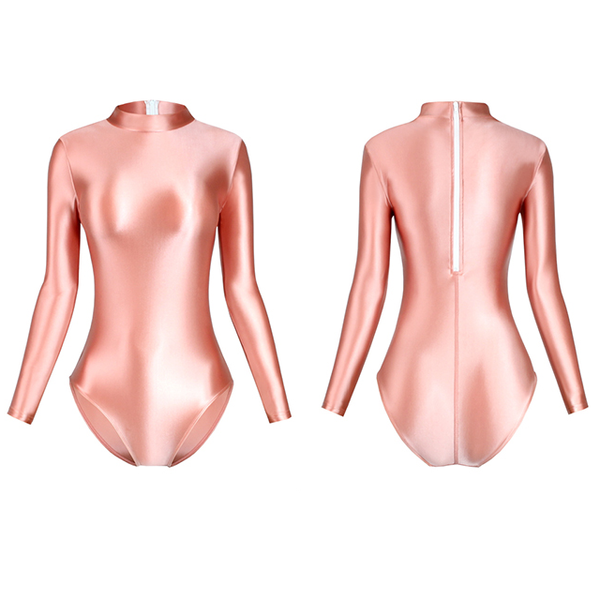front and back view of coral color wet look shiny long sleeve leotard ,back zipper closure with cheeky cut back