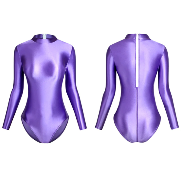 front and back view of purple leotard featuring long sleeves, back zipper closure, enticing shiny wet look fabric and a cheeky cut back.