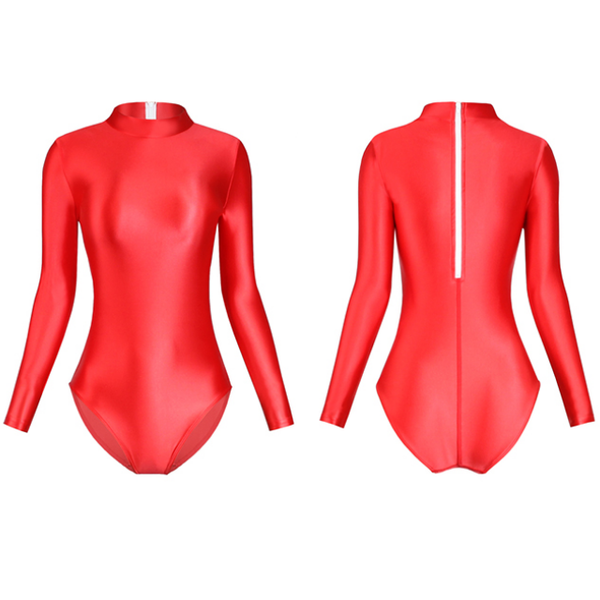 front and back view of red leotard featuring long sleeves, back zipper closure, enticing shiny wet look fabric and a cheeky cut back.