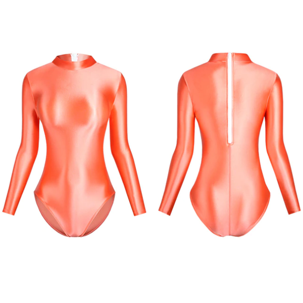 front and back view of scarlet color leotard featuring long sleeves, back zipper closure, enticing shiny wet look fabric and a cheeky cut back.