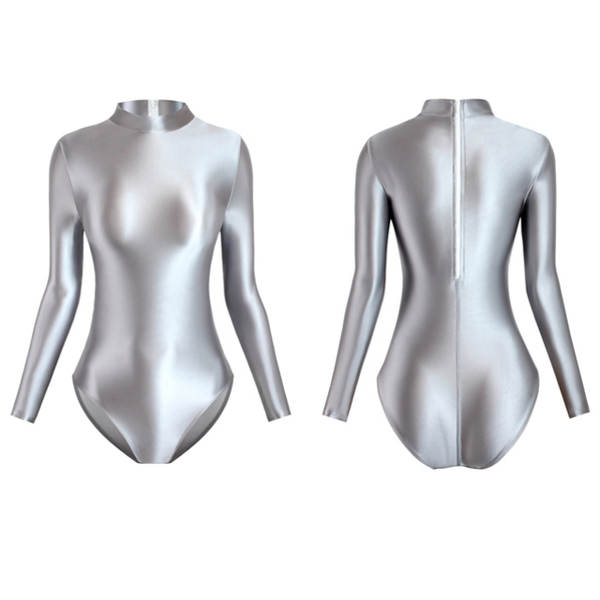 front and back view of silvery leotard featuring long sleeves, back zipper closure, enticing shiny wet look fabric and a cheeky cut back.