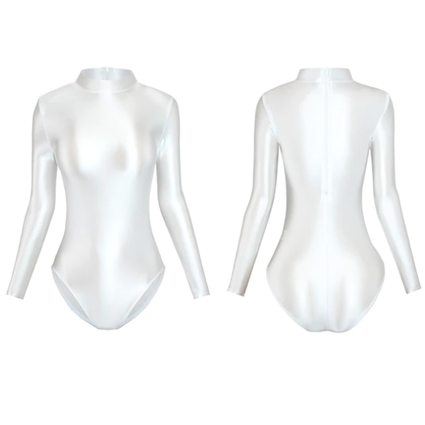 front and back  view of white leotard featuring long sleeves, back zipper closure, enticing shiny wet look fabric and a cheeky cut back.