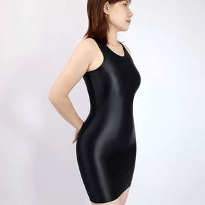 front side view of lady wearing black wet look shiny party mini dress