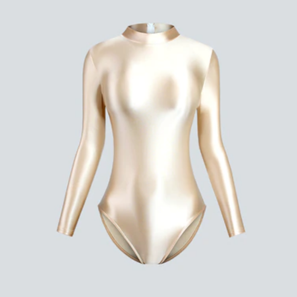 front view of champagne color leotard featuring long sleeves, back zipper closure, enticing shiny wet look fabric and a cheeky cut back.