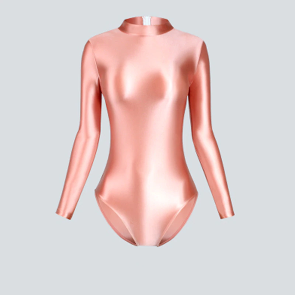front view of coral color wet look shiny long sleeve leotard ,back zipper closure with cheeky cut back