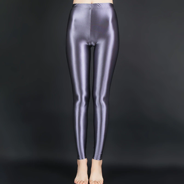 front view of lady wearing gray wet look shiny legging showing off her feet