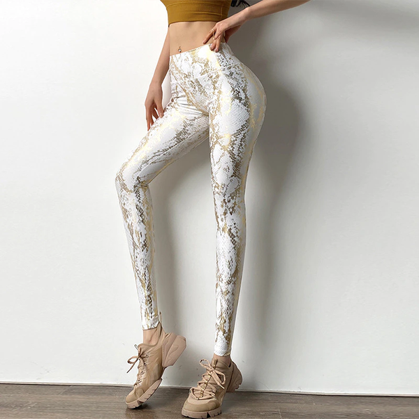front view of lady wearing white legging features a high waist wrap and a fitted silhouette, stretchable fabric for all-day comfort. 