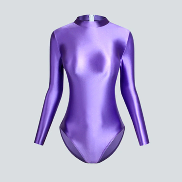 front view of purple leotard featuring long sleeves, back zipper closure, enticing shiny wet look fabric and a cheeky cut back.