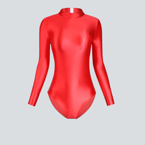 front view of red leotard featuring long sleeves, back zipper closure, enticing shiny wet look fabric and a cheeky cut back.