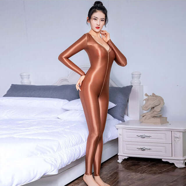 Satiny Brown Wet Look Catsuit-satinylust