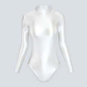 front view of white leotard featuring long sleeves, back zipper closure, enticing shiny wet look fabric and a cheeky cut back.