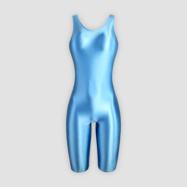 front view of aqua wet look shiny unitard featuring a scoop neckline, thick shoulder straps