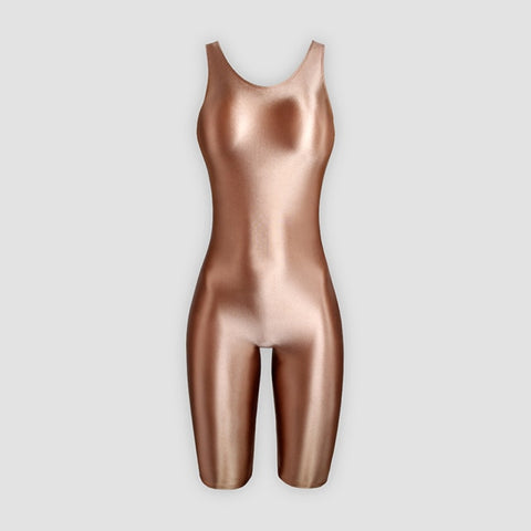 front view of brown wet look shiny unitard featuring a scoop neckline, thick shoulder straps