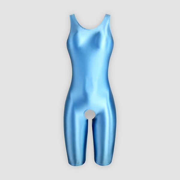 front view of aqua wet look shiny unitard featuring a scoop neckline, thick shoulder straps with an open crotch