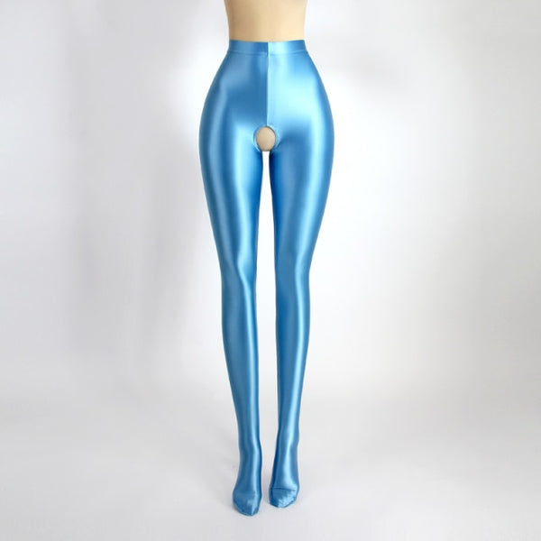 front view of aqua color shiny open crotch tights