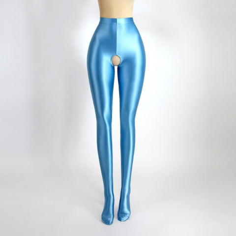 front view of aqua color shiny open crotch tights