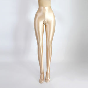 front view of champagne color shiny open crotch tights
