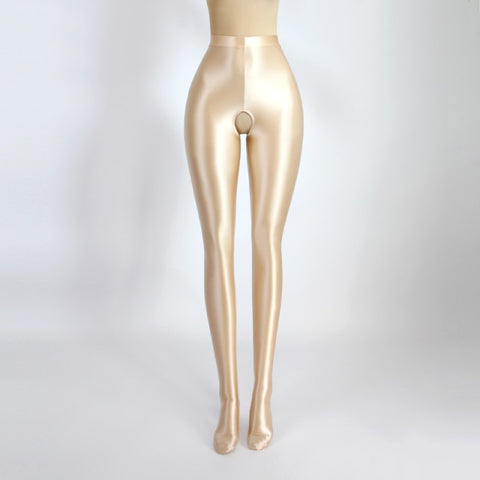 front view of champagne color shiny open crotch tights