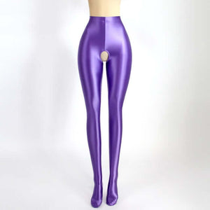 front view of purple color shiny open crotch tights