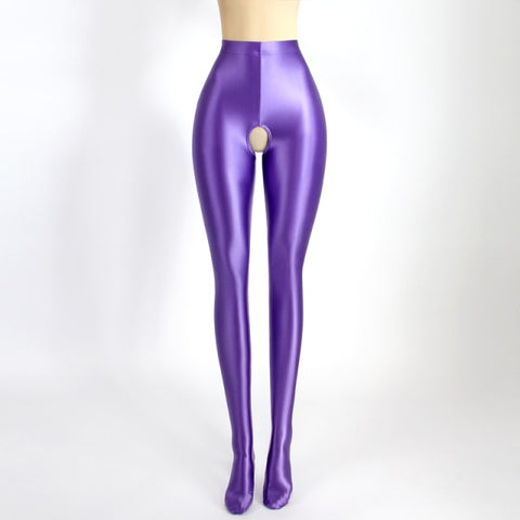 front view of purple color shiny open crotch tights