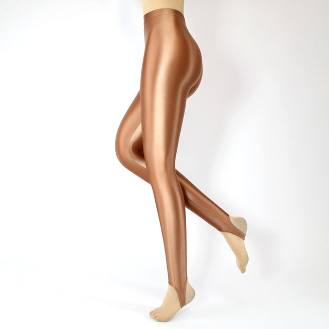 Side view of brown shiny wet look legging.