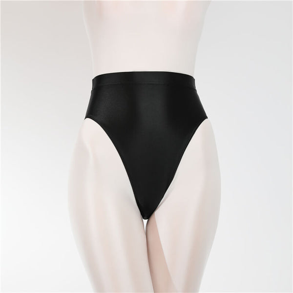 Front view of black shiny high cut briefs.