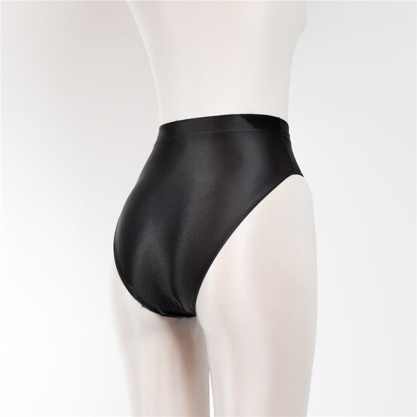 Back side view of black shiny high cut briefs.