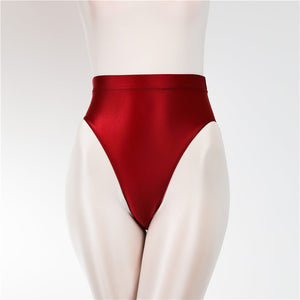 Front view of red shiny high cut briefs.