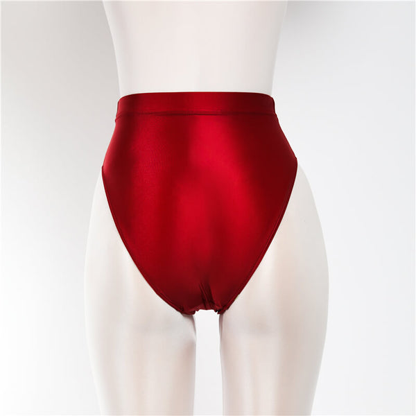 Back view of red shiny high cut briefs.