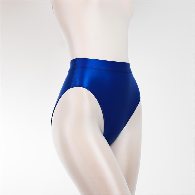 Front view of blue shiny high cut briefs.