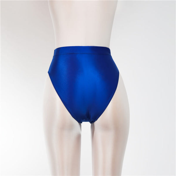 Back view of blue shiny high cut briefs.