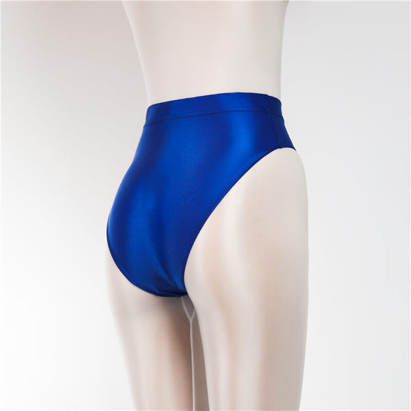 Back view of blue shiny high cut briefs.