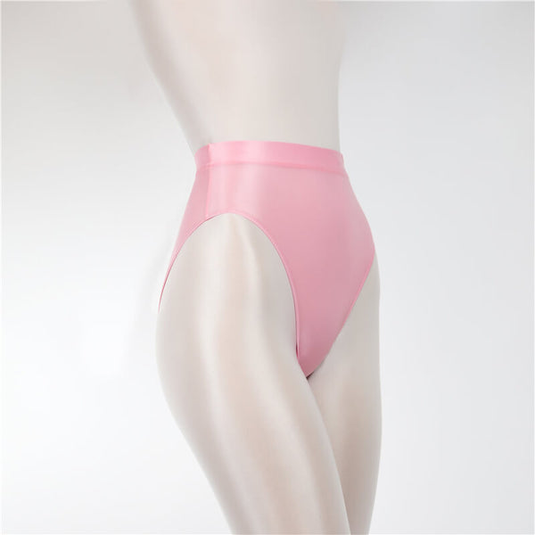 Front view of pink shiny high cut briefs.