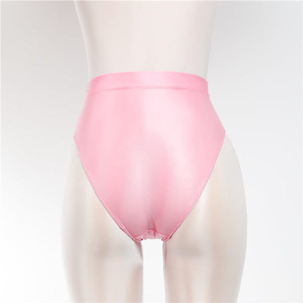 Back view of pink shiny high cut briefs.