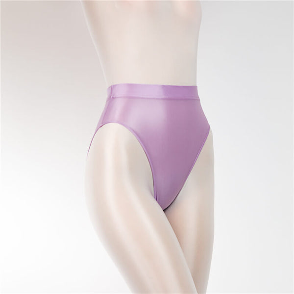 Front view of purple shiny high cut briefs.