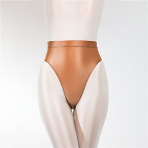 Front view of brown shiny high cut briefs.