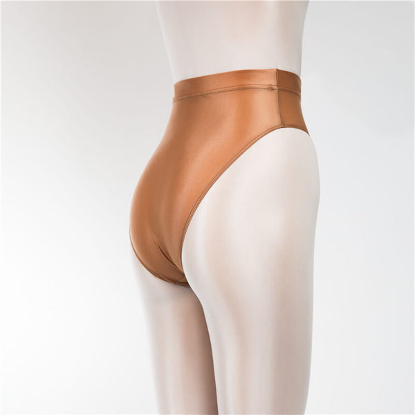 Back view of brown shiny high cut briefs.