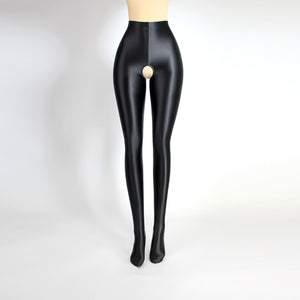 Front view of black glossy crotchless tights.
