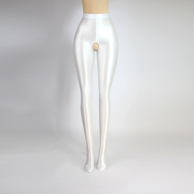 Front view of white glossy crotchless tights.