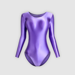 Front view of purple color wet look long sleeve with scoop neckline and a cheeky cut back.