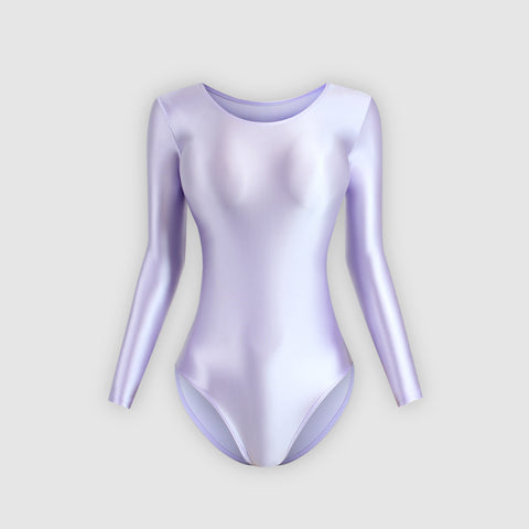 Front view of lilac color wet look long sleeve with scoop neckline and a cheeky cut back.