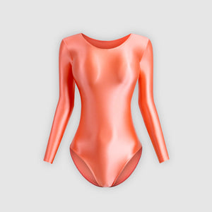 Front view of coral color wet look long sleeve with scoop neckline and a cheeky cut back.