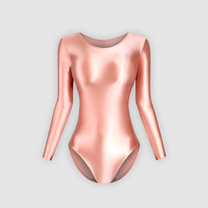 Front view of peach color wet look long sleeve with scoop neckline and a cheeky cut back.