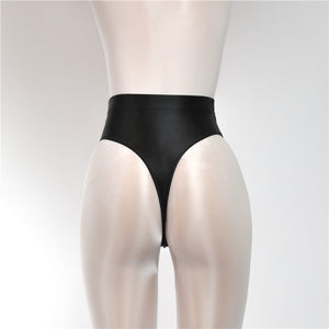 Back view of black wet look thong with high cut sides.