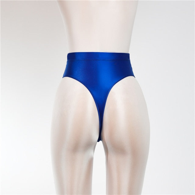 Back view of blue wet look thong with high cut sides.