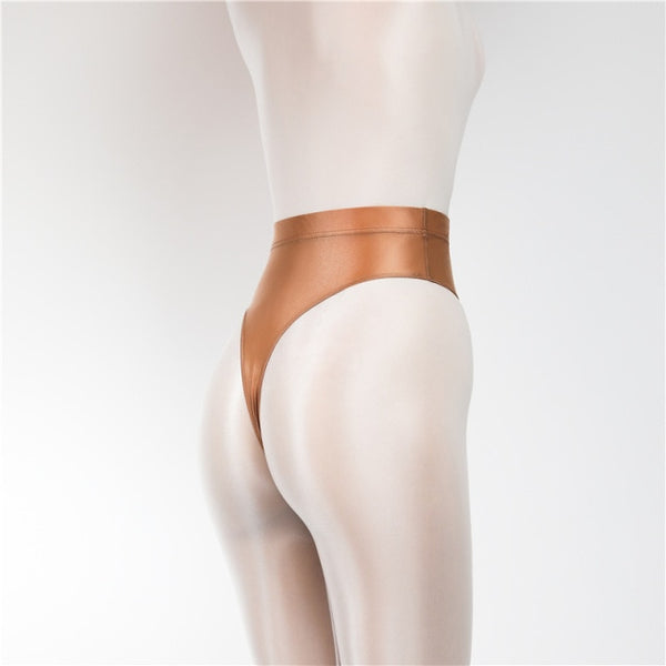 Back view of brown wet look thong with high cut sides.
