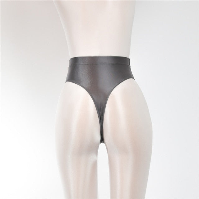 Back view of grey wet look thong with high cut sides.